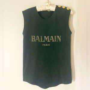 BALMAIN Cotton Shoulder Buttons Top, Forest Green, Sleeveless, Size: 34 FR (XS)